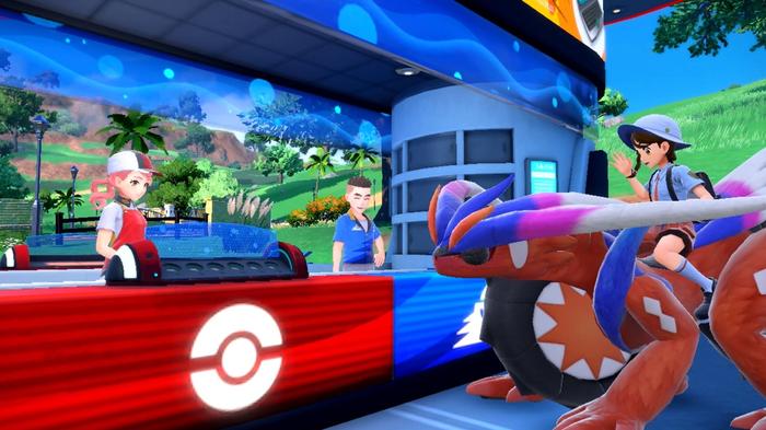 Image of a trainer visiting a Pokémon Center in Pokémon Scarlet and Violet.