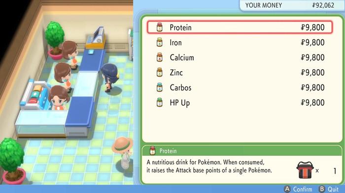 A Pokémon Trainer purchasing vitamins from Floor 2 of the Veilstone City Department Store in Pokémon Brilliant Diamond and Shining Pearl.
