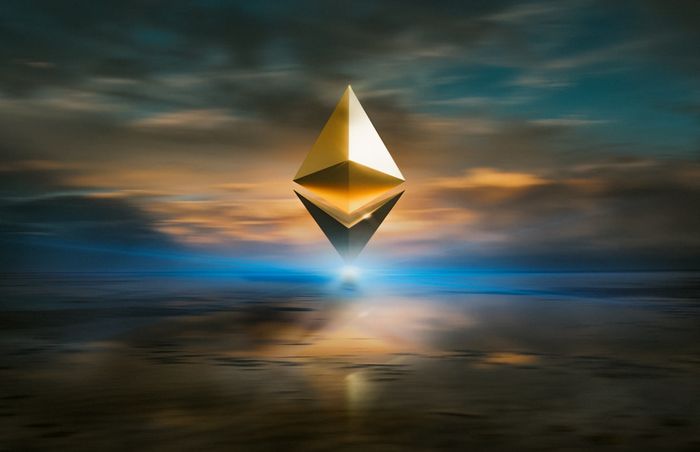 Ethereum logo above the sea.