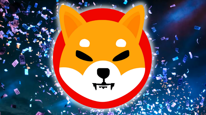 Shiba Inu Coin logo in front of blue background featuring confetti.
