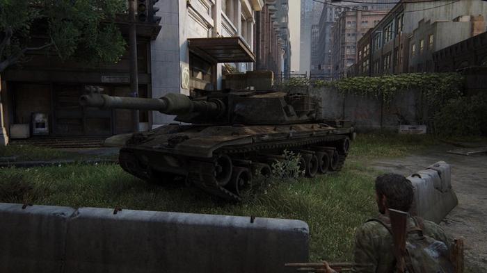 Image of Joel looking at a tank in The Last of Us Part I.