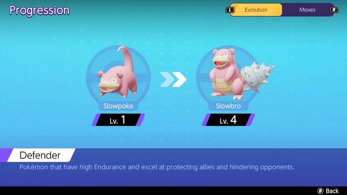 The progression screen showing at what level Pokémon Unite Slowbro evolves.