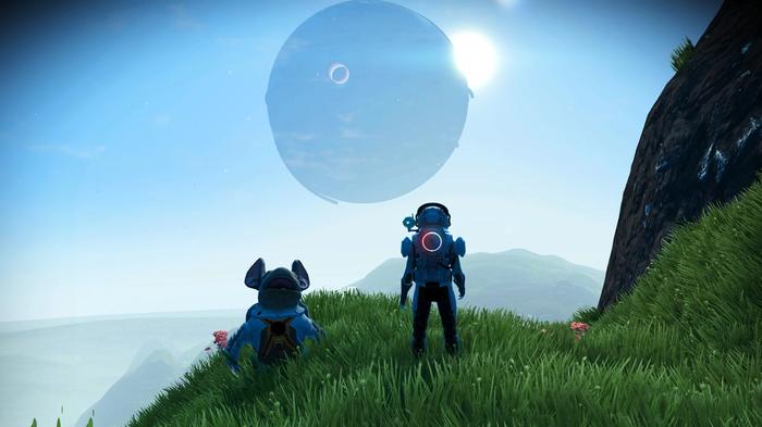 Two players face the Space Anomaly from on a planet in No Man's Sky.