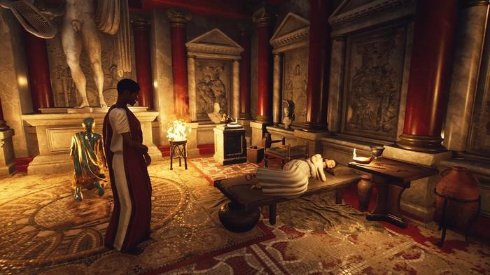 The Forgotten City. Lucretia is looking at the ill Lulia laying down inside Apollo's Shrine. Lucretia is on the left and Lulia is laying on a small bed on the right. The entire room is decorated with red and gold.