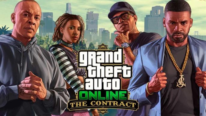 GTA Online The Contract Official Artwork Ft Dr Dre. From left to right, Dr Dre, Imani, Lemar and Franklin