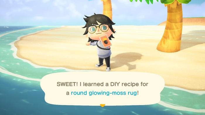 A player having found a DIY Recipe that requires Glowing Moss on a Kapp'n's Island Tour in Animal Crossing: New Horizons.