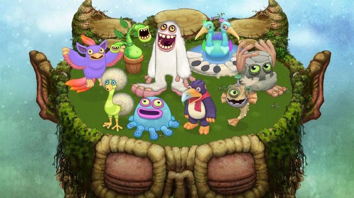 A group of singing monsters on the head of some ancient creature in My Singing Monsters.