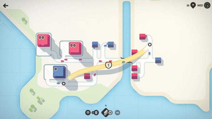 Screenshot from Mini Motorways showing a small town, with the player adding a flyover.