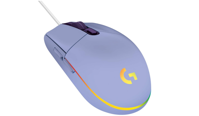 best mouse for FPS, lilac wired gaming mouse with RGB lighting and a white cable