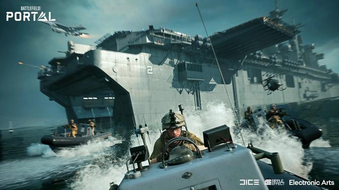 Battlefield 2042 specialists race away from an aircraft carrier.