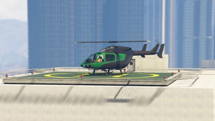 GTA Online The Contract DLC Agency Services Company Helicopter on Helipad. The Helicopter is black and green, it is on a green helipad on top of the Agency Building in the middle of Los Santos