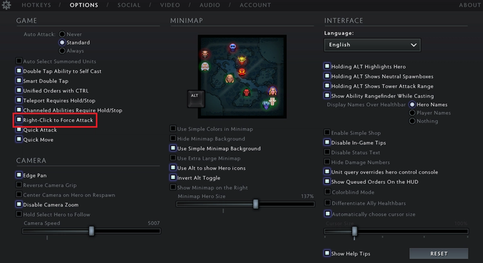 This image portrays the Options menu in DOTA 2.
