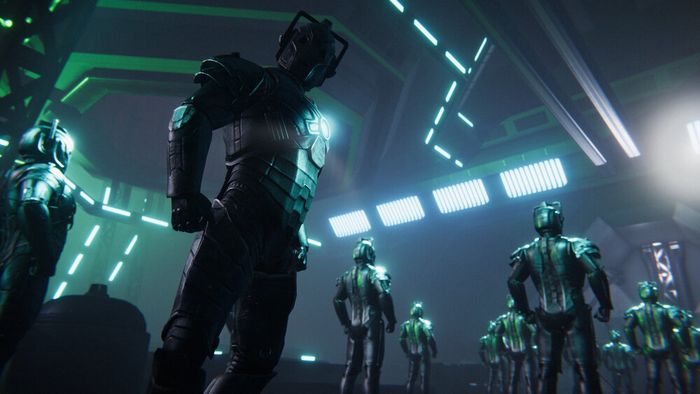 Futuristic room, lights, multiple Cybermen standing around.