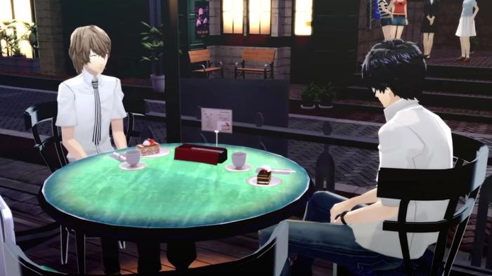 Akechi and Joker sitting at a cafe in Persona 5 Royal