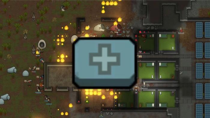A medical tab icon against a Rimworld township background.