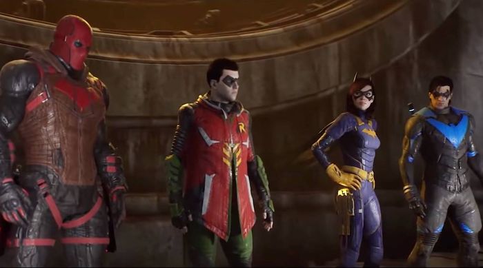 Image of Red Hood, Robin, Batgirl, and Nightwing in Gotham Knights.