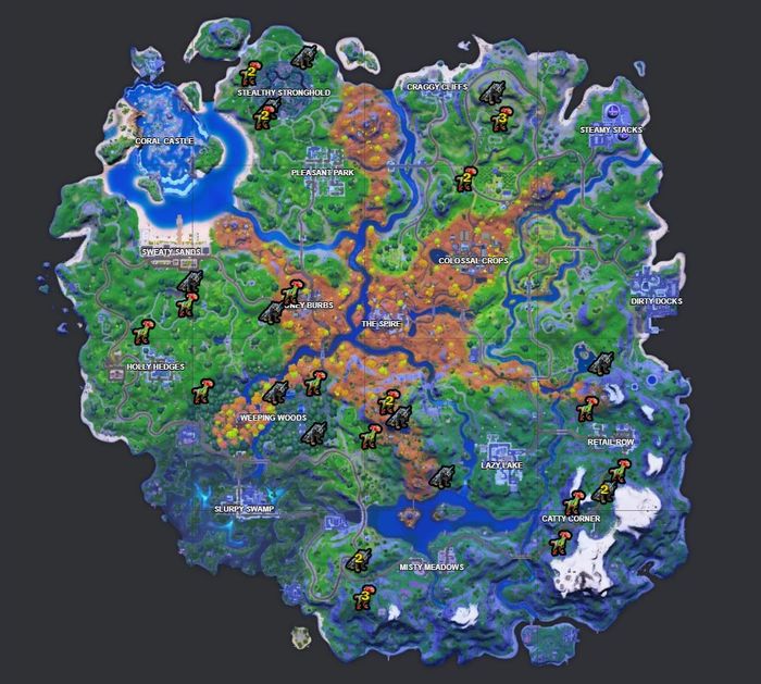 The map shows the locations of all the wolf and raptor spawns in Fortnite. (Image via fortnite.gg)
