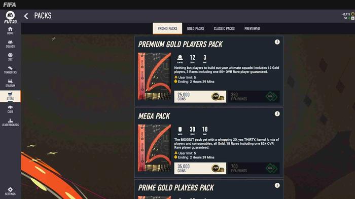 Image of the packs menu in the FIFA 23 web app.