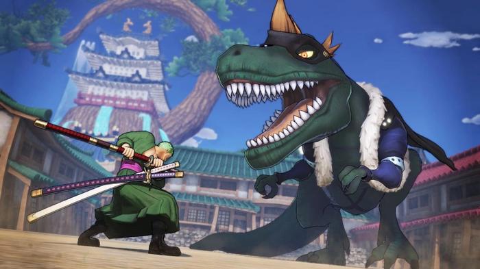 The player fighting a dinosaur in the One Piece: Pirate Warriors 4 game.