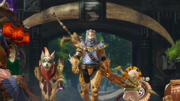 A player walks beside a Palamute and Palico. They are wearing the Tigrex armour, and walking towards the camera