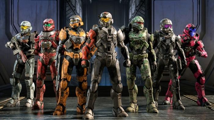 Seven multi-colored soldiers stare into the distance.