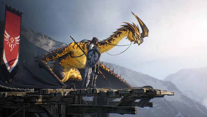 Screenshot from Century: age of Ashes, showing an armour-clad knight next to a yellow dragon