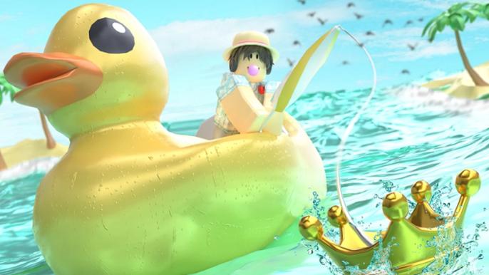 Imagine of a Roblox character fishing on a rubber duck in Fishing Simulator.