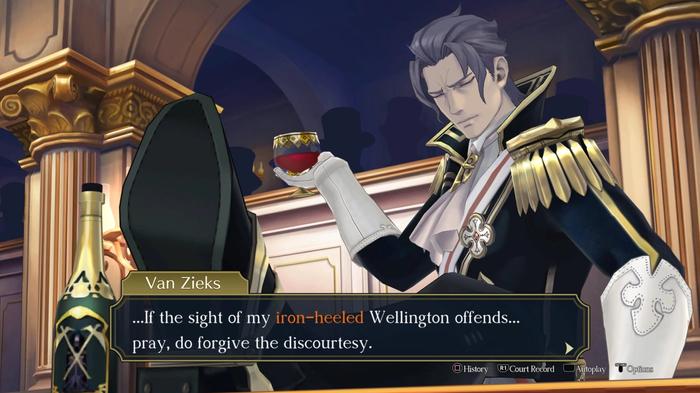 Screenshot from The Great Ace Attorney Chronicles showing dialogue with Van Zieks, holding a glass of wine.