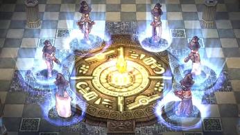 Screenshot from Ragnarok: The Lost Memories, showing six characters crowded around a mystical shrine