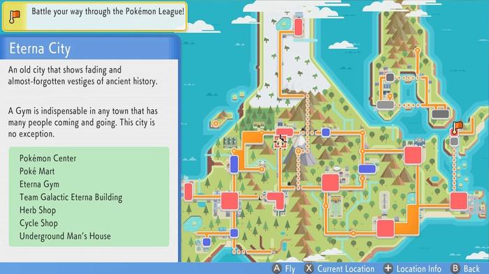 The map of the Sinnoh Region in Pokémon Brilliant Diamond and Shining Pearl. The player is situated at Eterna City.