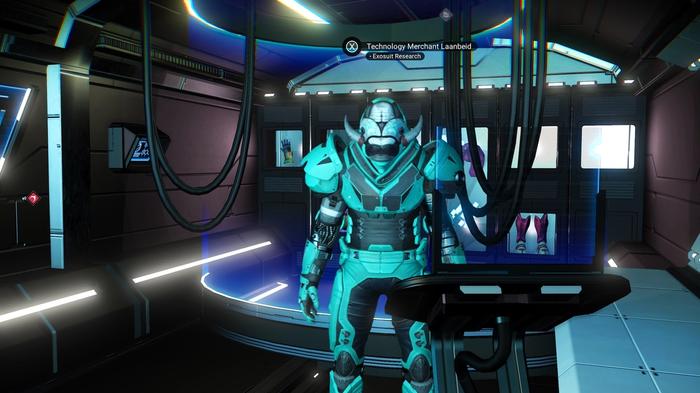 The Exocsuit Research Technology Merchant at a Space Station in No Man's Sky.