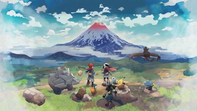Pokemon Legends: Arceus art featuring two Pokemon Trainers, Lucario, Starly, Bidoof, Pikachu, Ryhorn, Ralts, Cyndaquil, Shinx, Oshawatt, and Rowlett.