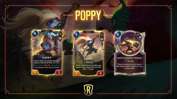 Poppy's card from Legends of Runeterra, alongside her levelled up card and her Keeper's Verdict spell.