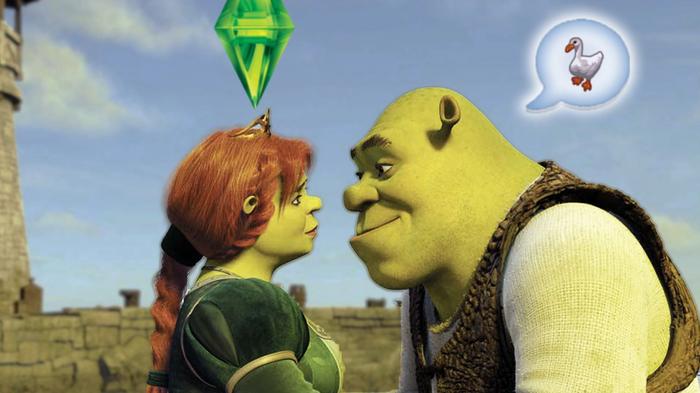 An image of Shrek and Fiona in The Sims 4.