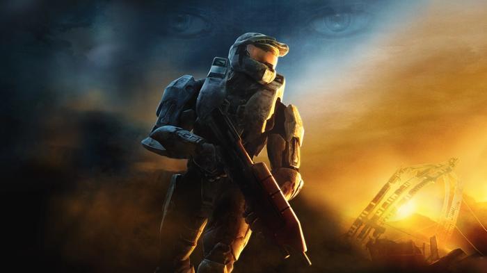 Halo 3 cover with master chief in front of a sunset.