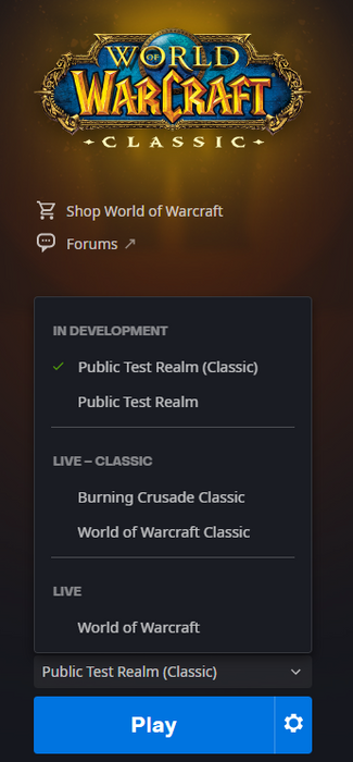 A screenshot of the Public Test Realm in the Battle.net Launcher showing what it looks like once an account is flagged for access.