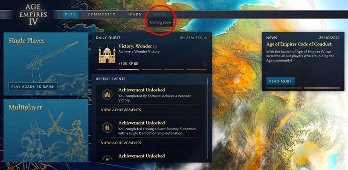 Age of Empires 4 menu shows that mods are coming soon.