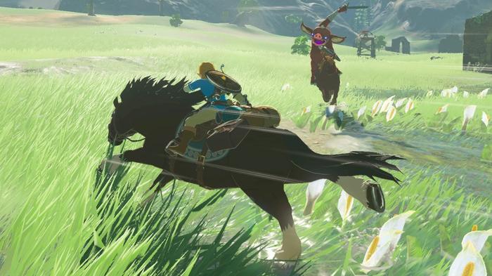 Link riding a horse while fleeing from enemies in The Legend of Zelda: Breath of the Wild