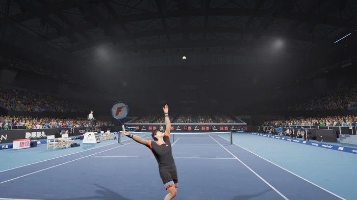 A player serves in Matchpoint Tennis Championships