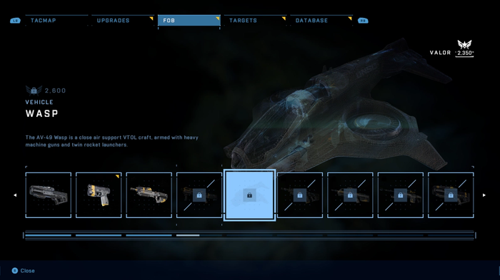 The Valor menu in Halo Infinite's Campaign Mode, showing The Wasp being unlocked for 2600 Valor