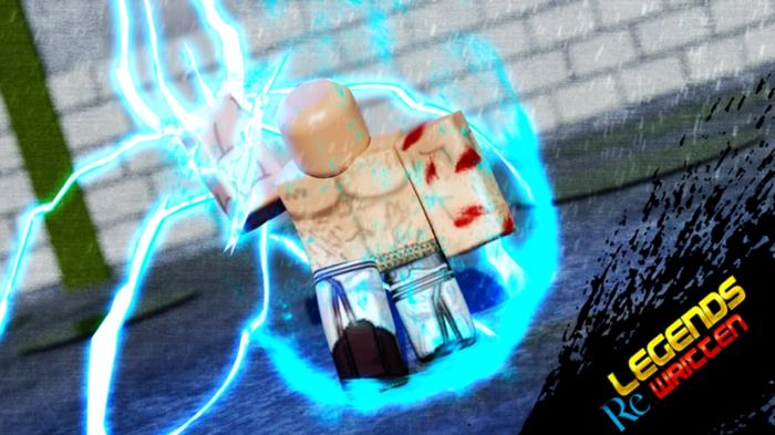 A shirtless Roblox character casting a blue lightning spell.
