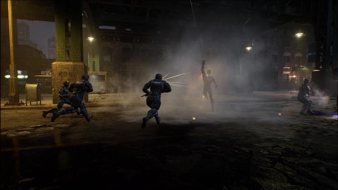 Nightwing using a smoke bomb to grapple away in Gotham Knights