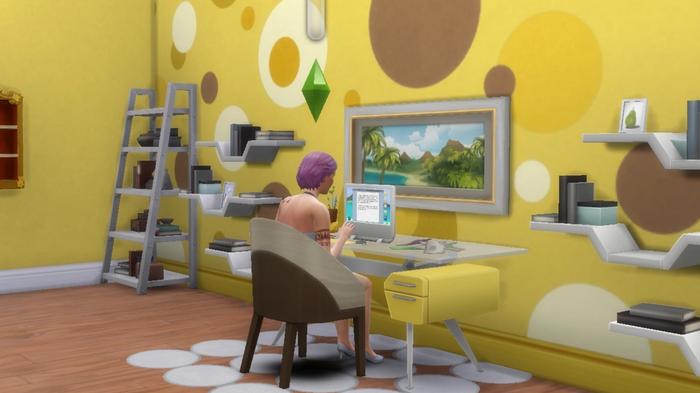 Sims 4. A female Sim character is sat at their desk writing at the computer. The room has yellow walls and a light brown floor. There is a white dot rug under the desk and the sim has their back to the screen. 