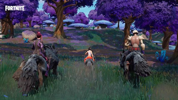 Image of players riding three wolves in Fortnite.