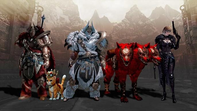 Three characters of different classes in Lost Ark, with a pet companion and the Cerberus Mount of the Platinum Founder's Pack.