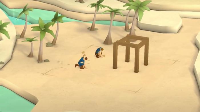 Screenshot from Godus, showing two villagers building a wooden structure
