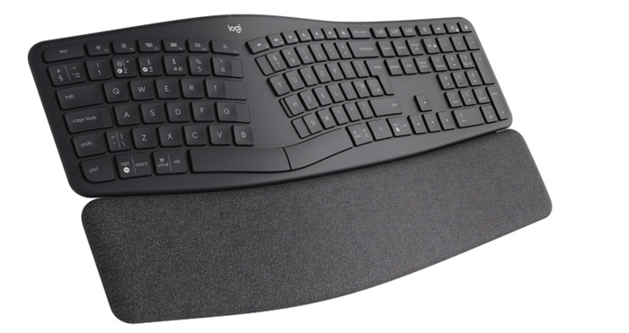 best ergonomic keyboard, product image of a grey split keyboard with fabric wristrest