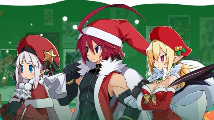 Screenshot from Disgaea RPG, showing three characters in themed Christmas outfits