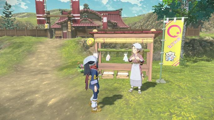 A player is speaking with Simona at the Trade Post of Jubilife Village in Pokémon Legends: Arceus.