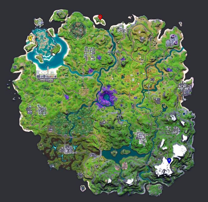 The three points on the map mark the three different locations that you need to visit for the Fortnite week 8 challenge. 